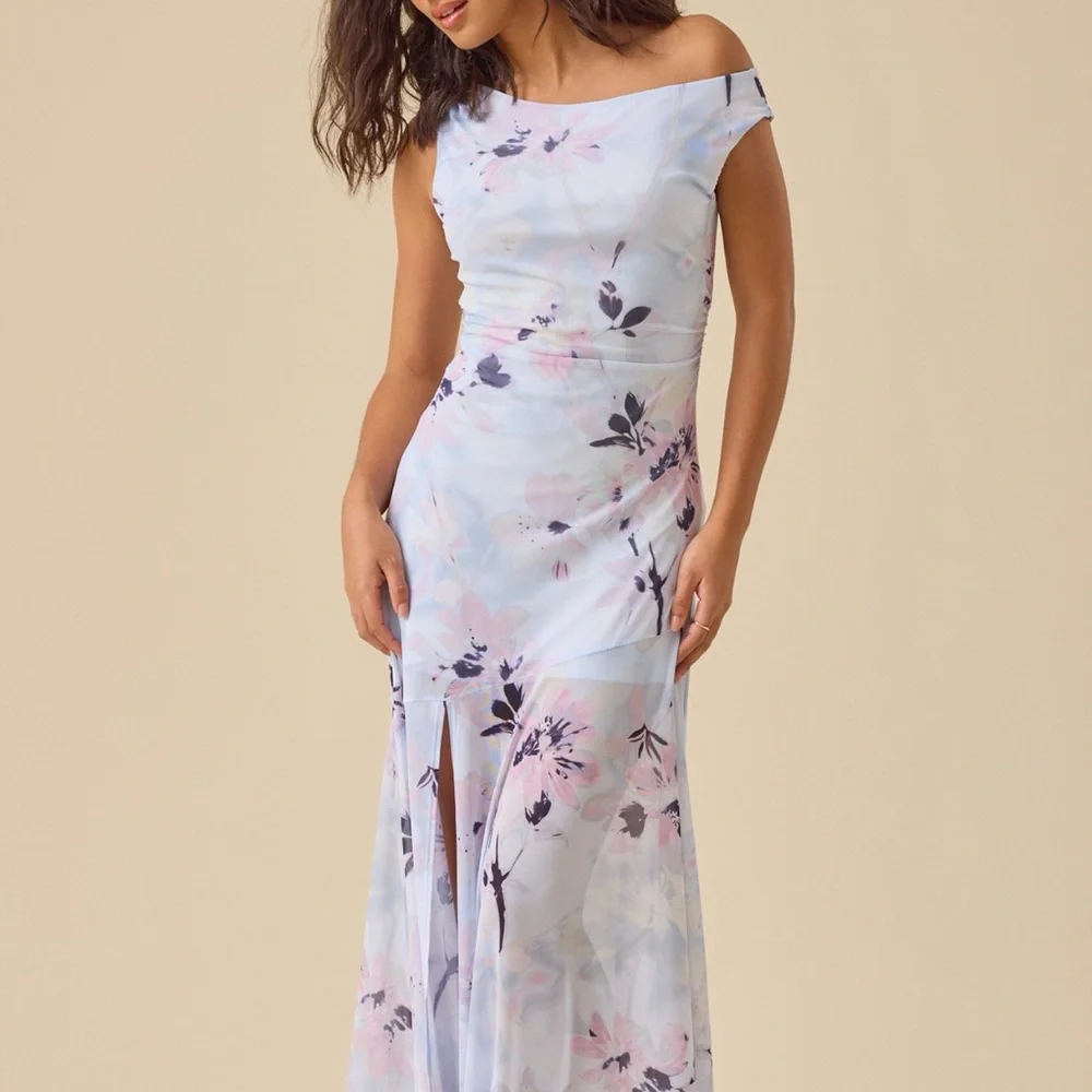 Altar'd State Pastel Blue One-Shoulder Floral Maxi Dress - Picture 2 of 4